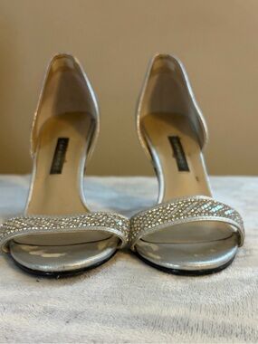 Caparros Silver Rhinestone Open-Toe Heels